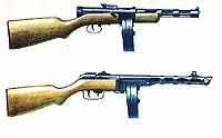Пистолеты-пулеметы ППД-40 (сверху)и ППШ-41 